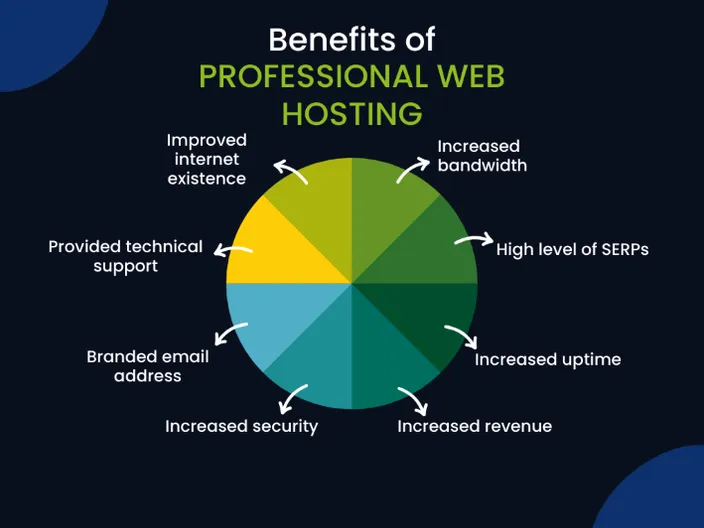 A wheel graphic showing the benefits of professional web hosting.