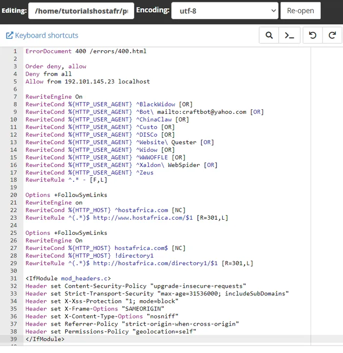 example htaccess file configuration in cPanel file editor