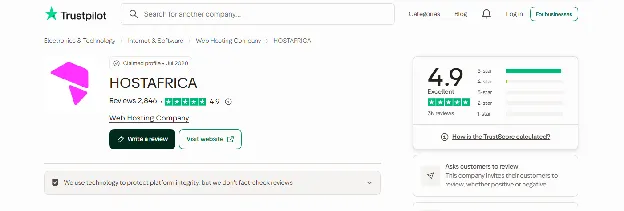 HostAfrica Trustpilot profile showing a 4.9 out of 5 TrustScore rated Excellent