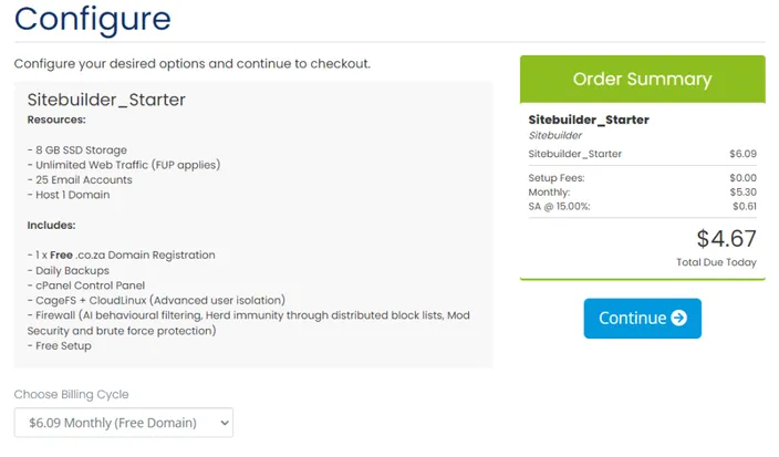 HostAfrica cart with site builder inside