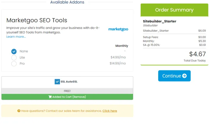 HostAfrica marketing tools inside cart with site builder