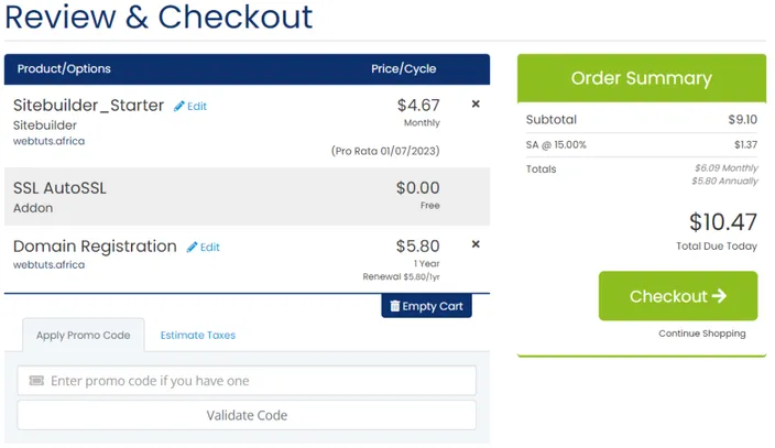 HostAfrica review and checkout page with site builder