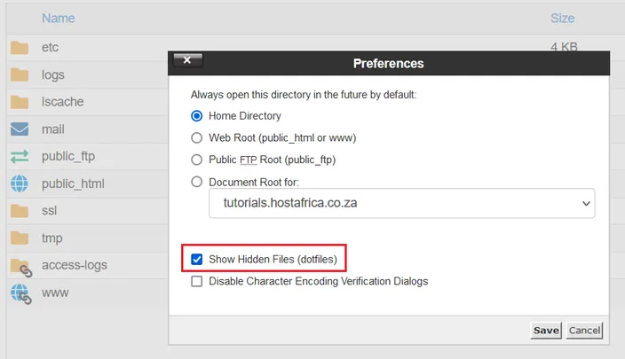 cPanel file manager Show Hidden File (dotfiles)