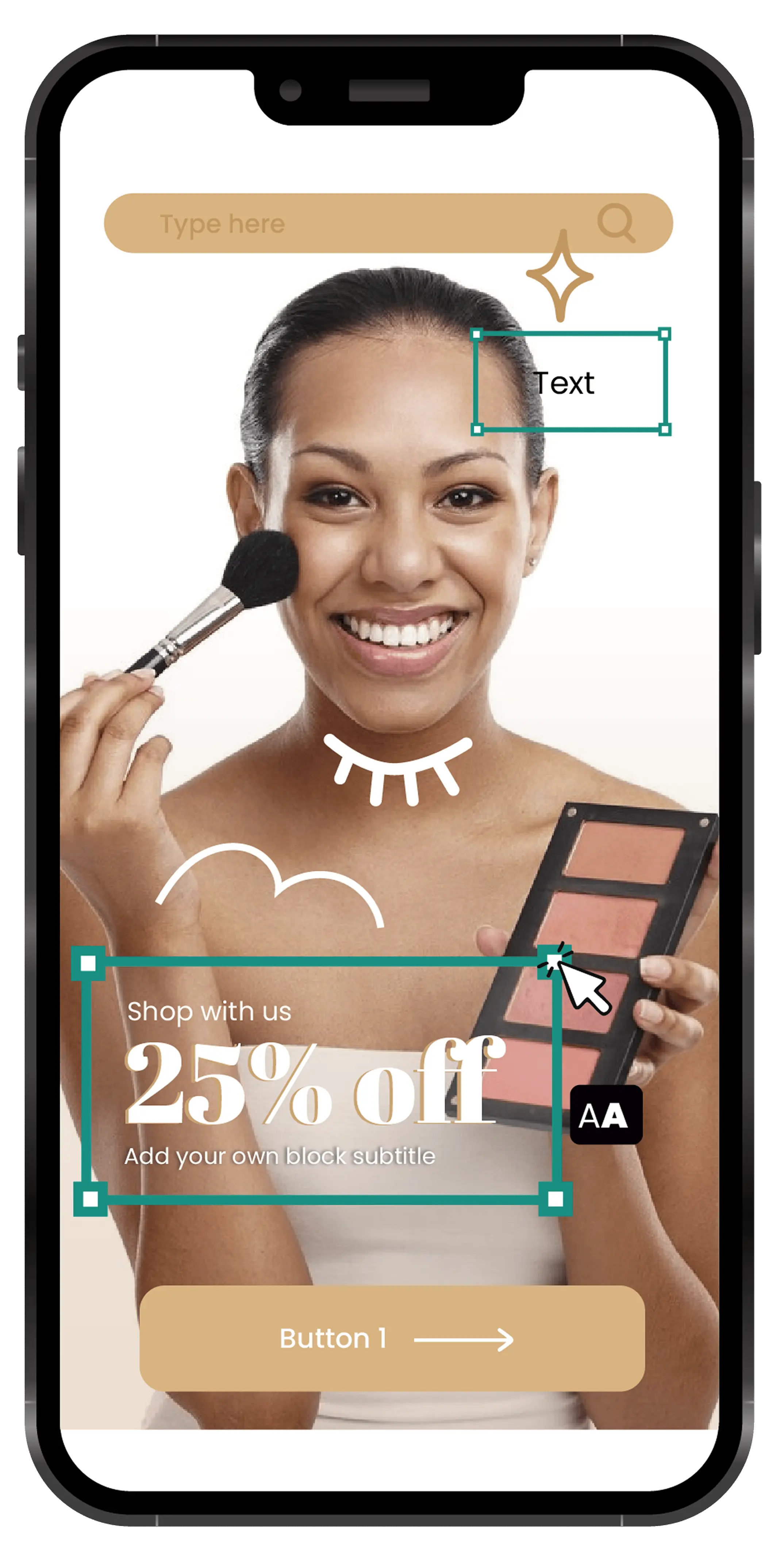 image of a yoga instructor using her mobile photo with floating illustrations around the edges