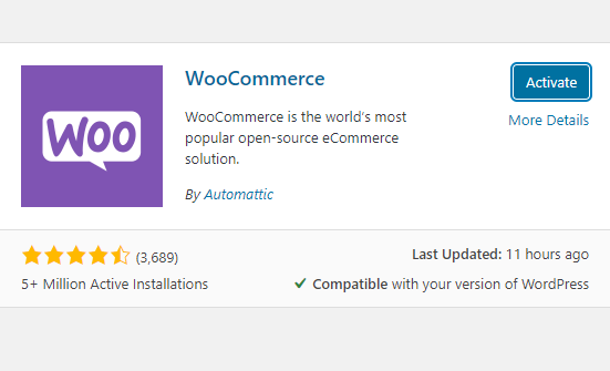 screenshot WooCommerce plugin with Activate button highlighted in blue