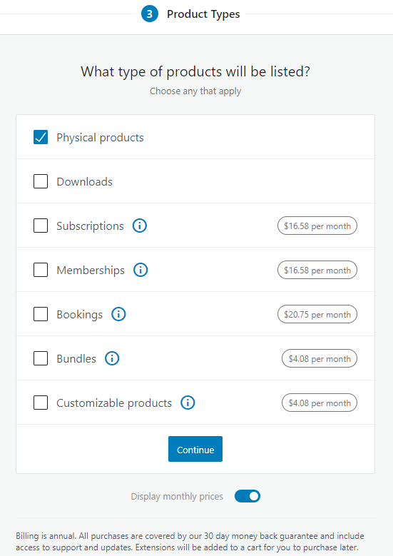 screenshot WooCommerce form for product types