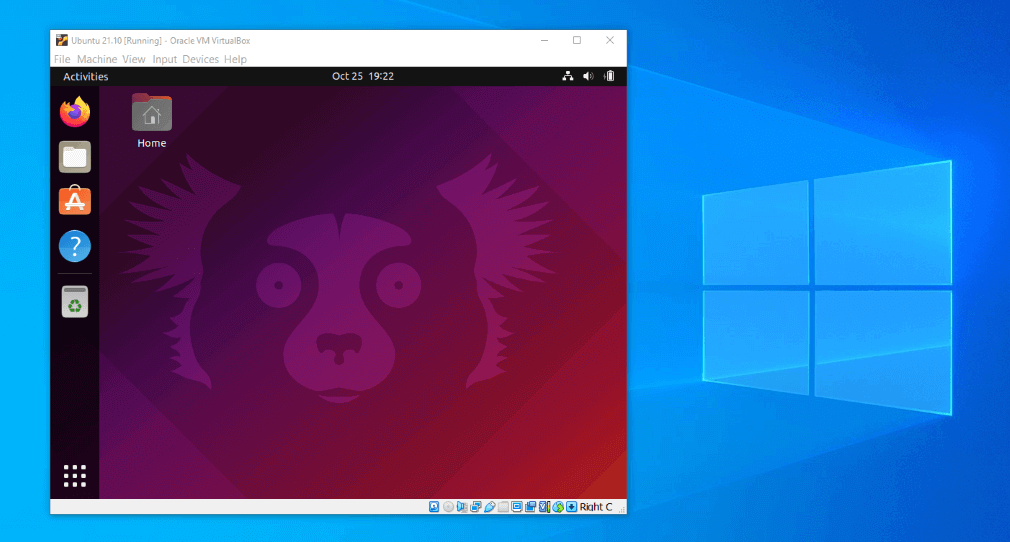 Ubuntu 21.10 virtual machine running on Windows 10 with VirtualBox