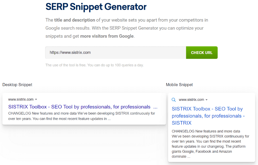 screenshot Sistrix SERP Snippet Generator tool