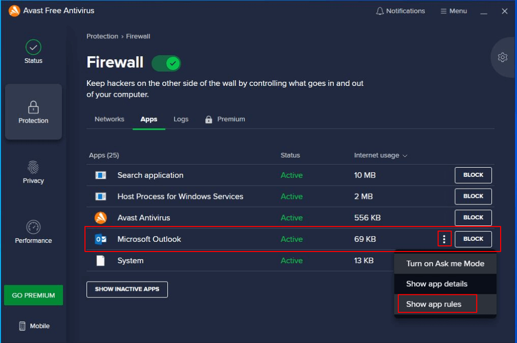 Avast firewall app rules