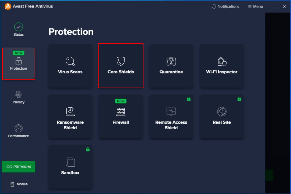 Avast antivirus protection core shields card