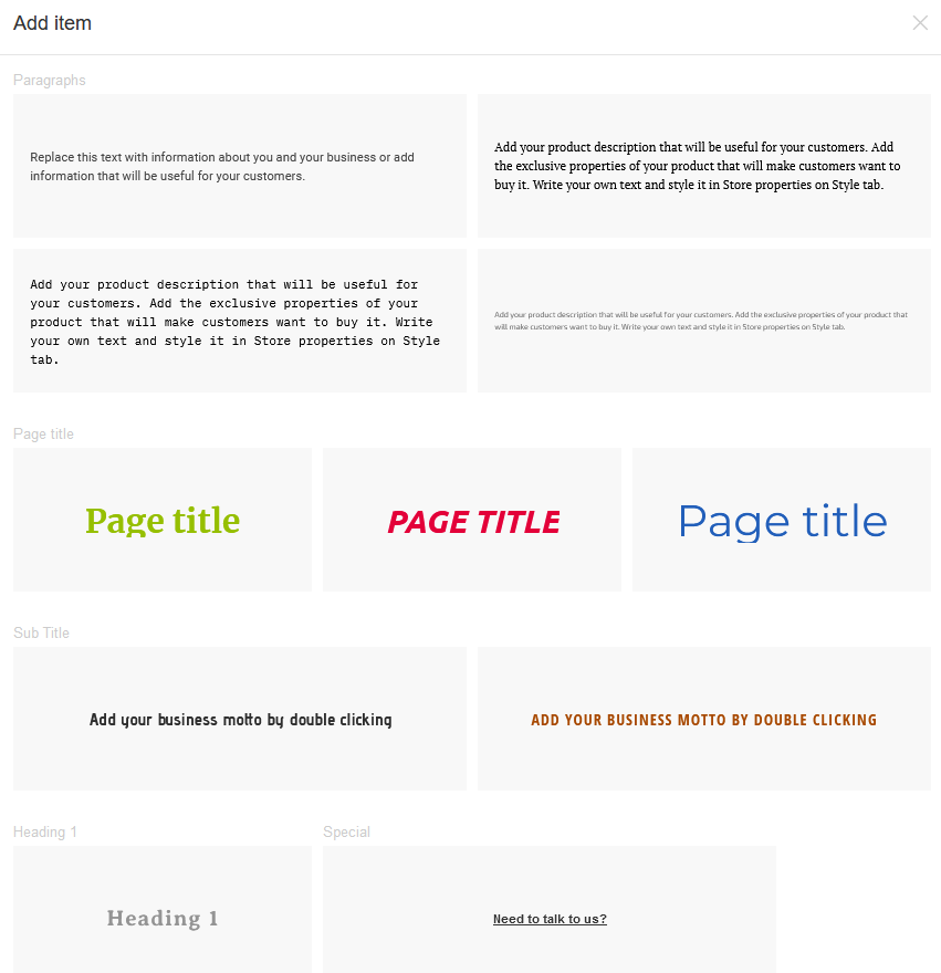 A list of fonts and text options for the website builder