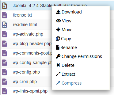 Extracting Joomla installation file in public_html